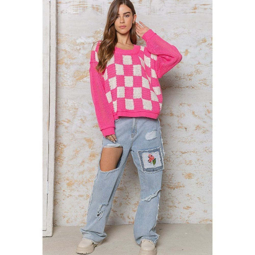 POL Catching Feelings Checkered Sweater in Pink/White FST250A - Picture 9 of 9